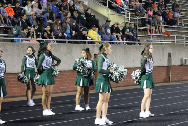 Cheerleaders stand along the track in front of the crowd.