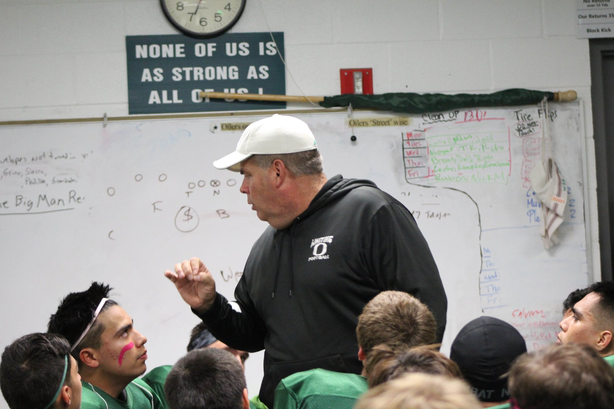 A coach talks to players beneath a team motto in the locker room.